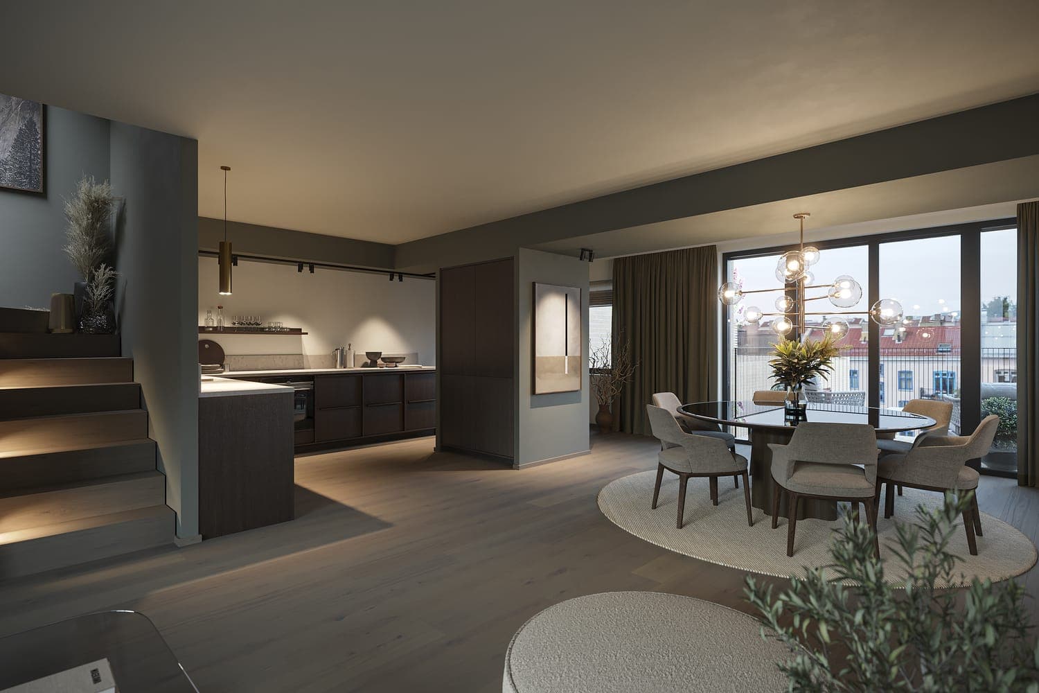 Bilde fra toppleilighet B0601 - trappen leder opp til stor privat takterrasse.